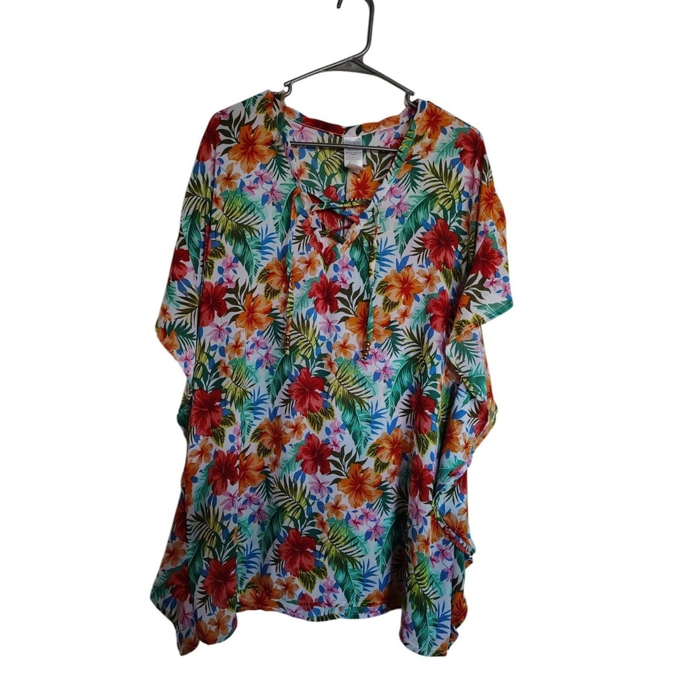 Time and Tru Womens Small Tropical Floral Lace Up Kaftan Swim Cover Up Multi S